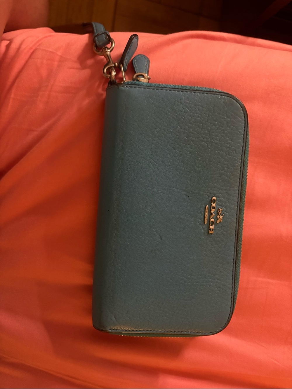 Coach Teal Leather Zip Wristlet Wallet with Gold Hardware
